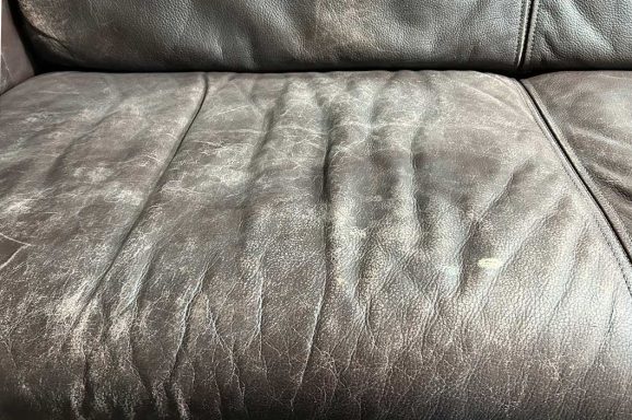 Besonders die Sitzfläche war stark beansprucht. Nach Reinigung und Entfettung wurden pH-Wert, Abnutzungen, Risse und Brüche behandelt.